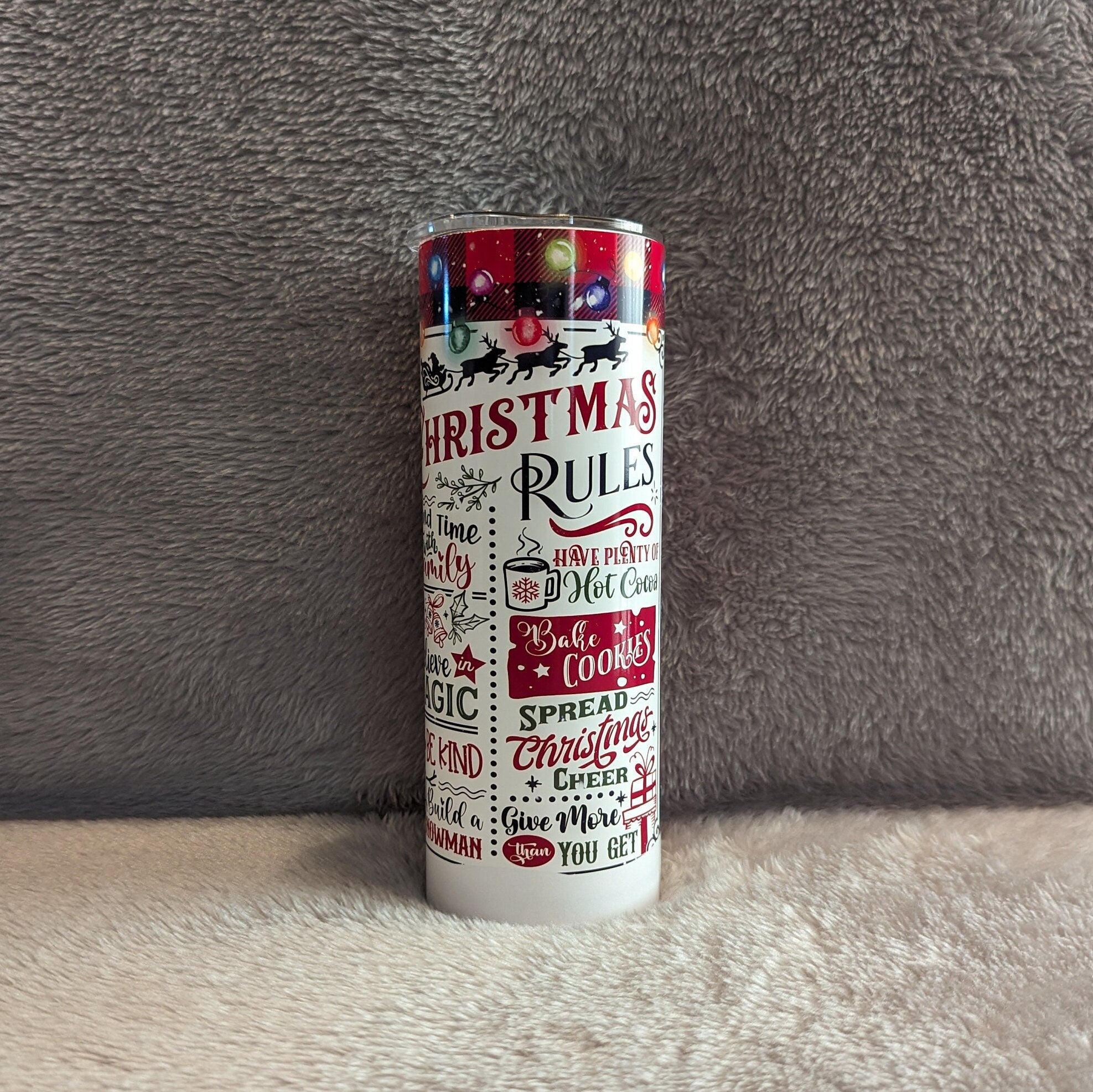 Festive Christmas Tree Tumbler with the Christmas Rules 20oz With Reusable Straw