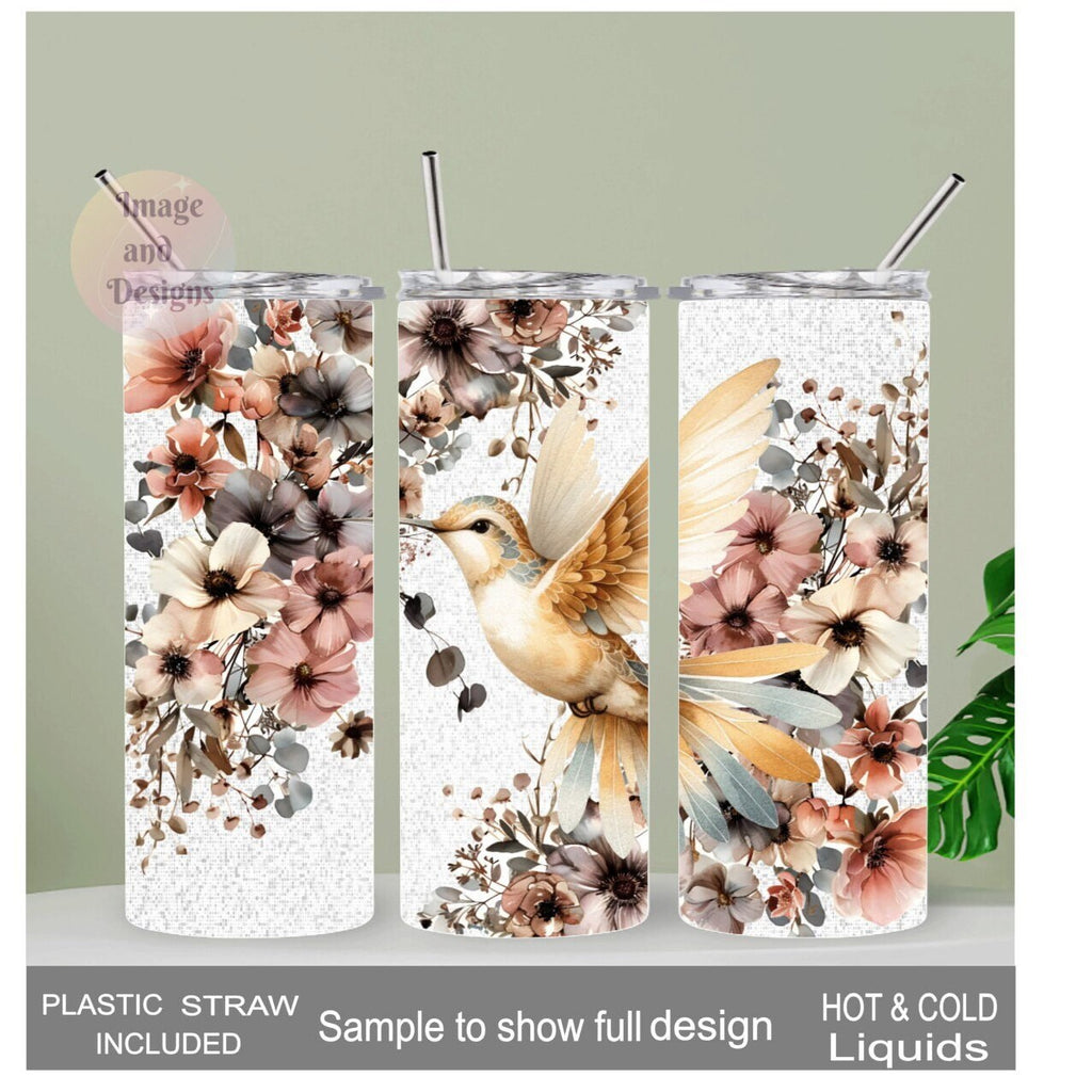 Hummingbird Tumbler with Boho Flowers 20oz With Reusable Straw, Can Be Personalized