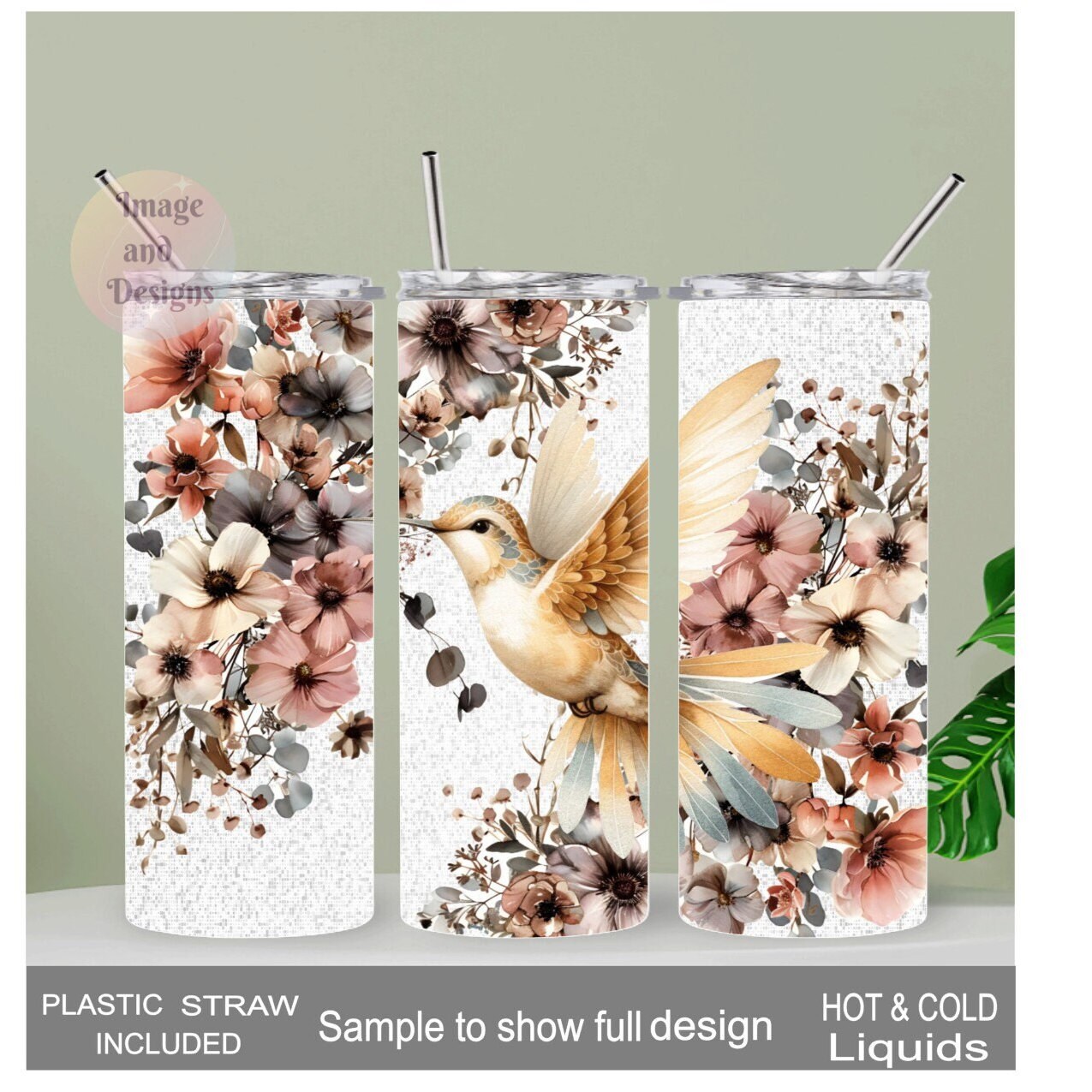 Hummingbird Tumbler with Boho Flowers 20oz With Reusable Straw, Can Be Personalized