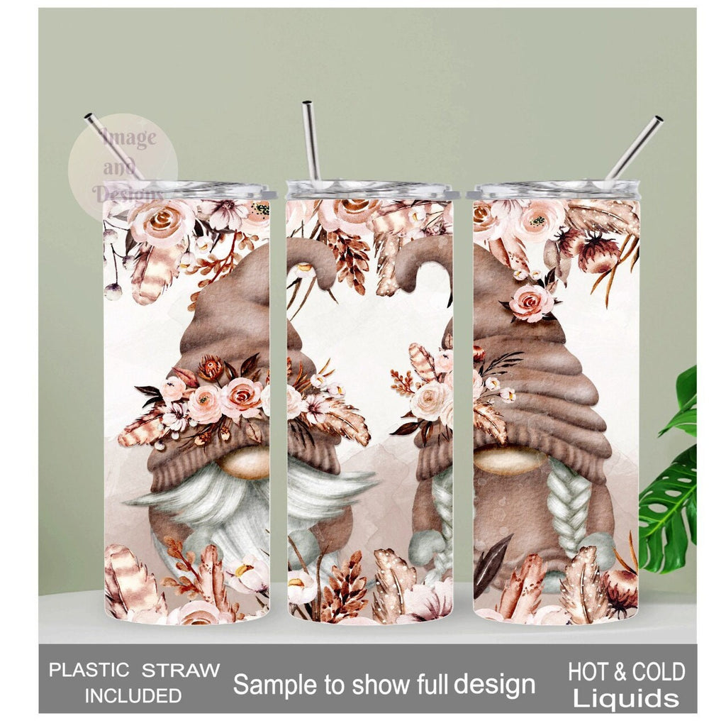 Gnome Tumbler With A Gnome Couple and Flowers 20oz With Reusable Straw, Can Be Personalized