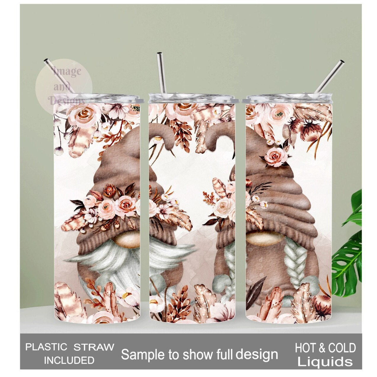 Gnome Tumbler With A Gnome Couple and Flowers 20oz With Reusable Straw, Can Be Personalized