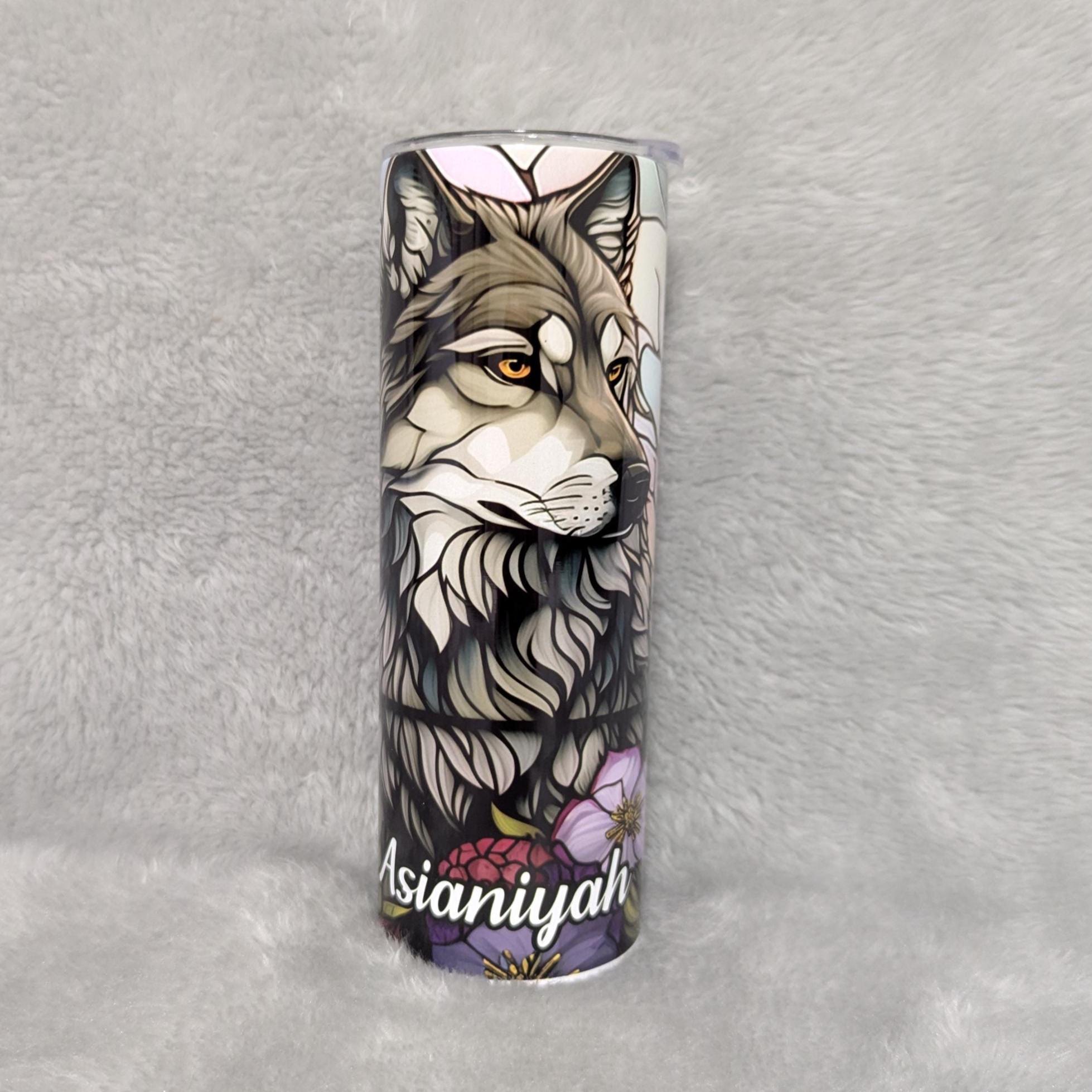 Wolf Tumbler With Flowers and A Stained Glass Design 20oz With Reusable Straw, Can Be Personalized