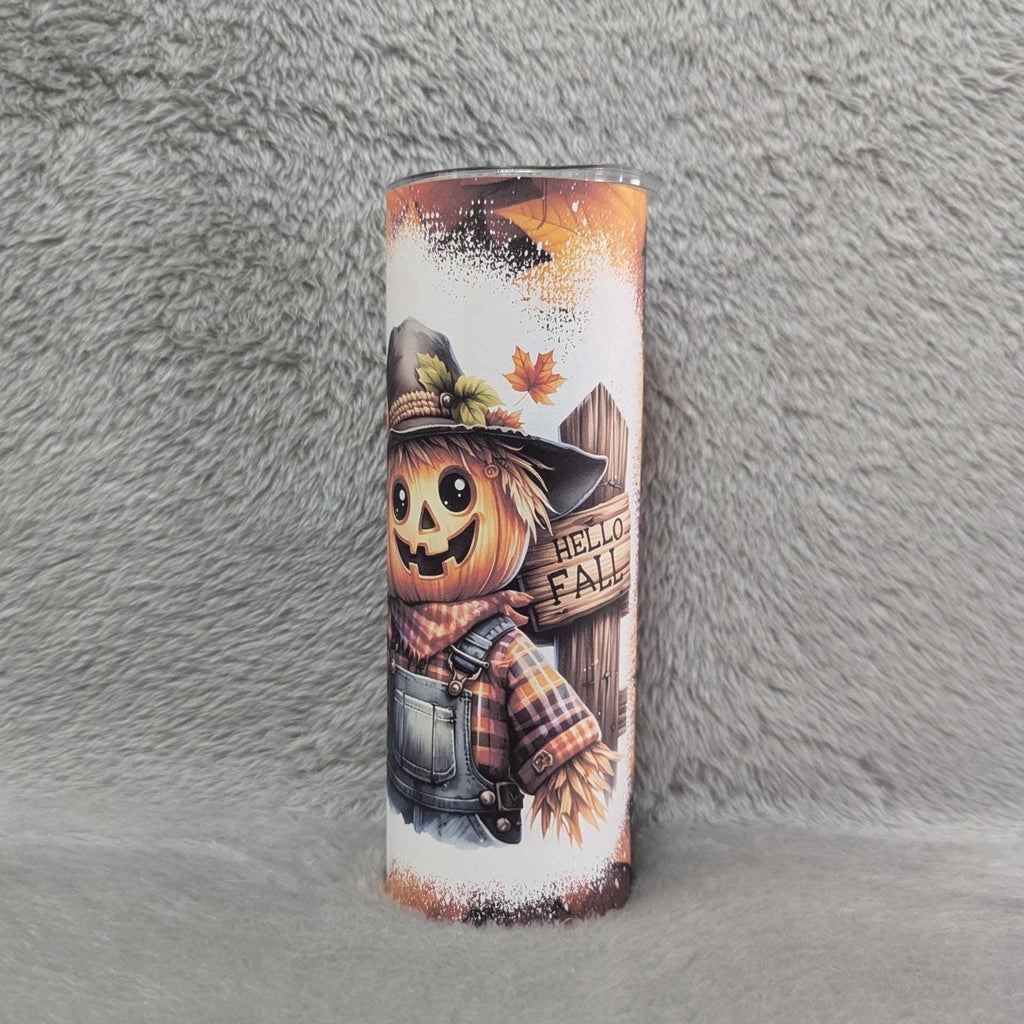 Scarecrow Tumbler With A Hello Fall Sign 20oz With Reusable Straw, Can Be Personalized