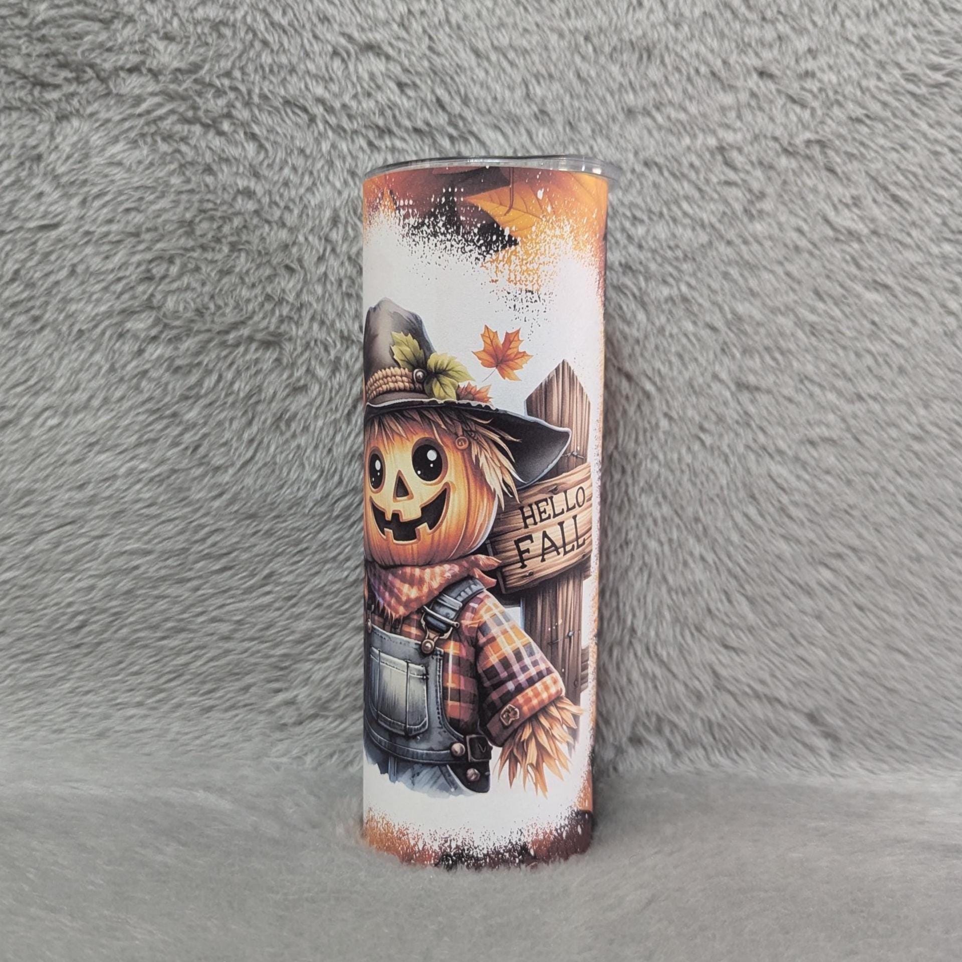 Scarecrow Tumbler With A Hello Fall Sign 20oz With Reusable Straw, Can Be Personalized