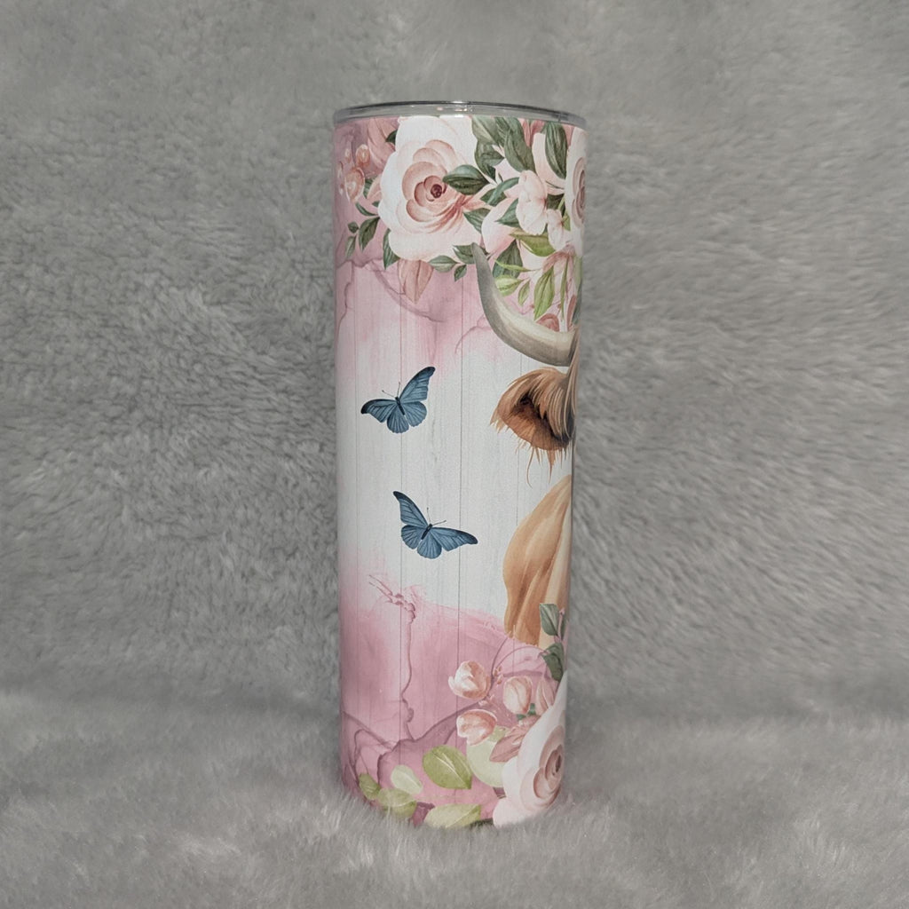 Floral Highland Cow Tumbler 20oz With Reusable Straw, Can Be Personalized