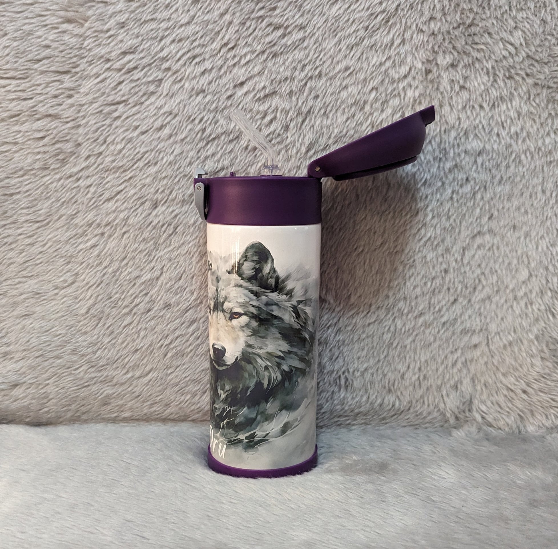 Kids Wolf Water Bottle 12oz With Reusable Straw Can Be Personalized