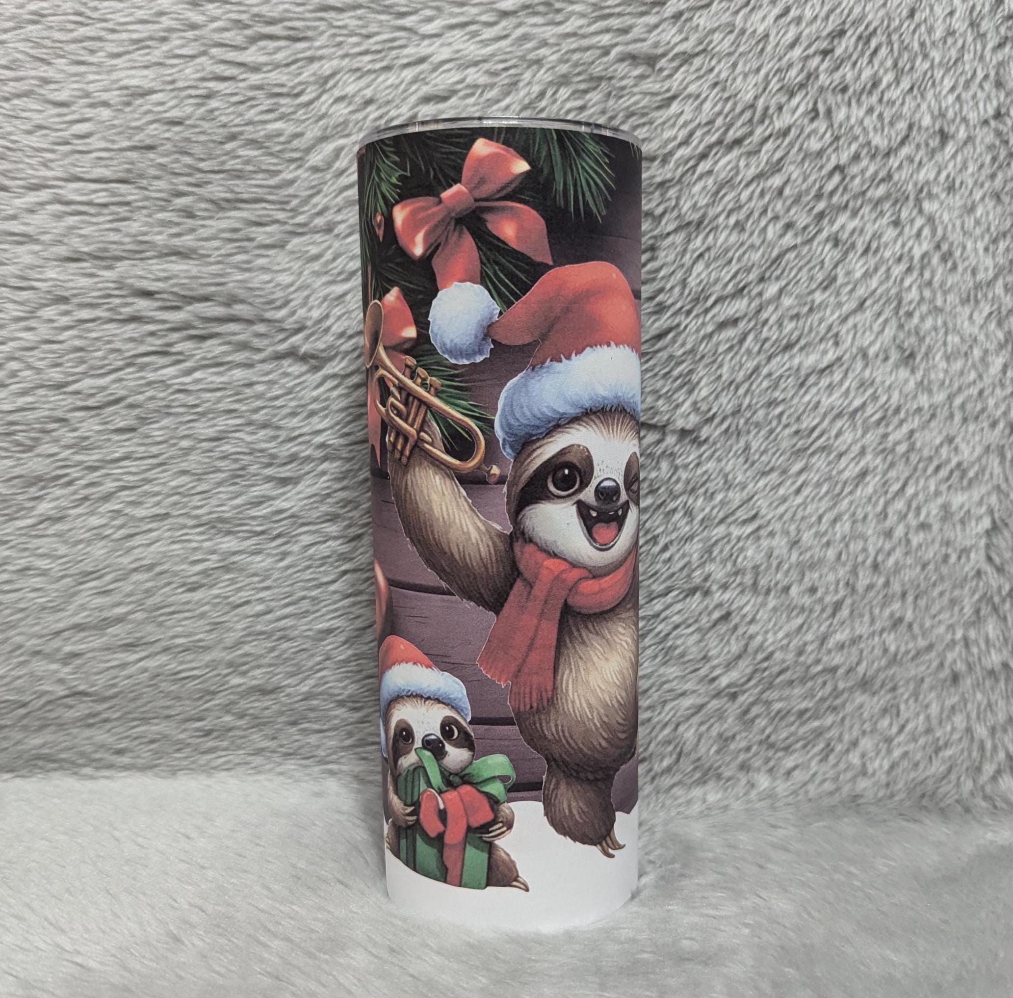 Christmas Sloth Tumbler 20oz With Reusable Straw, Can Be Personalized