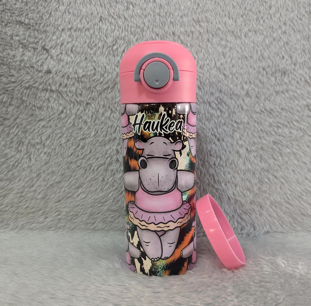 Kids Hippo Water Bottle 12oz With Reusable Straw Can Be Personalized
