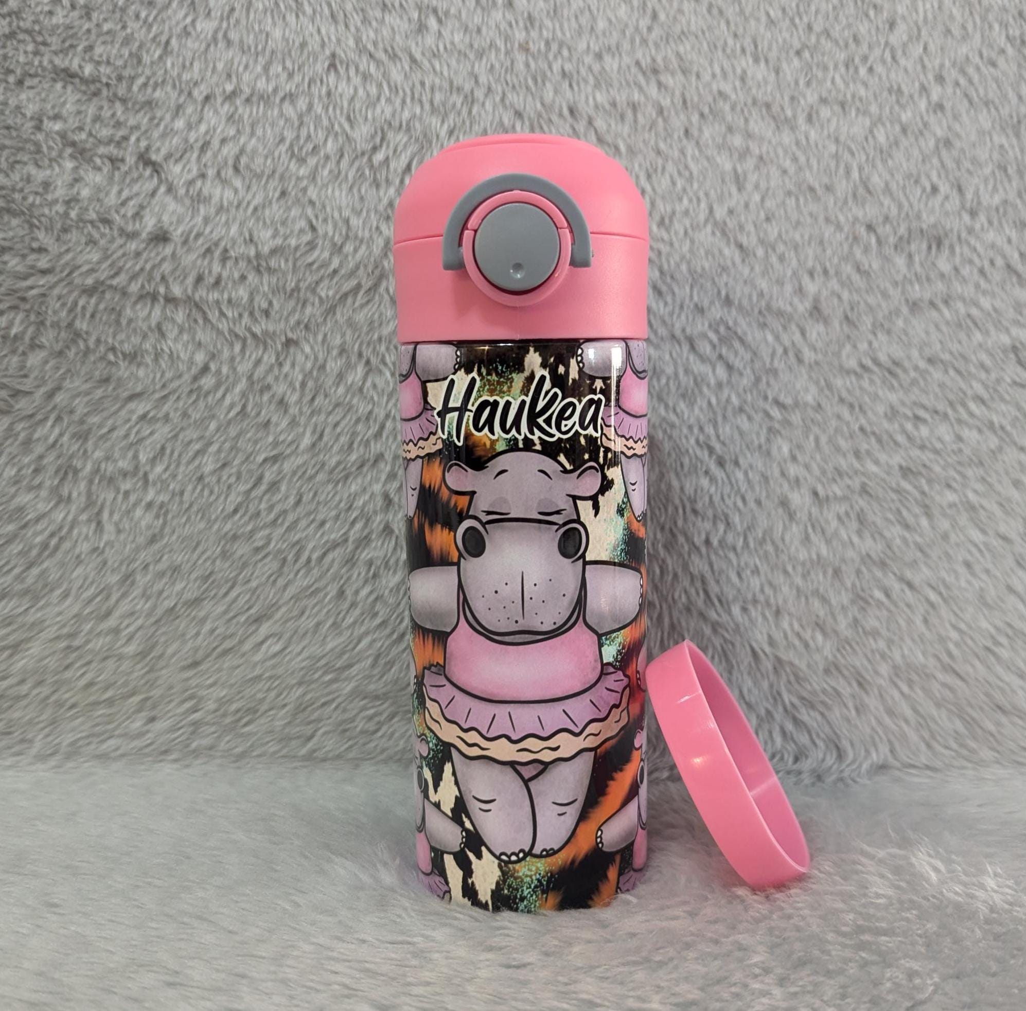 Kids Hippo Water Bottle 12oz With Reusable Straw Can Be Personalized