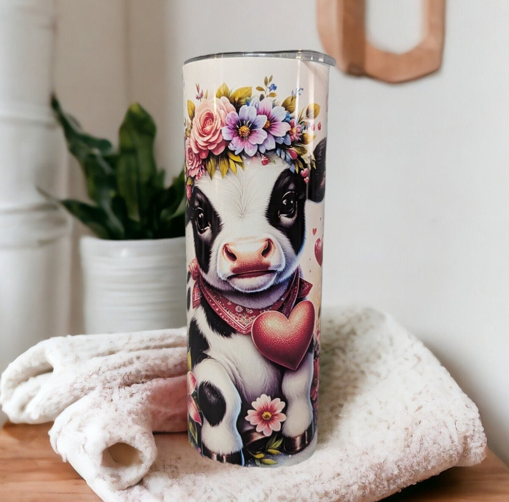 Floral Cow Tumbler 20oz With Reusable Straw, Can Be Personalized