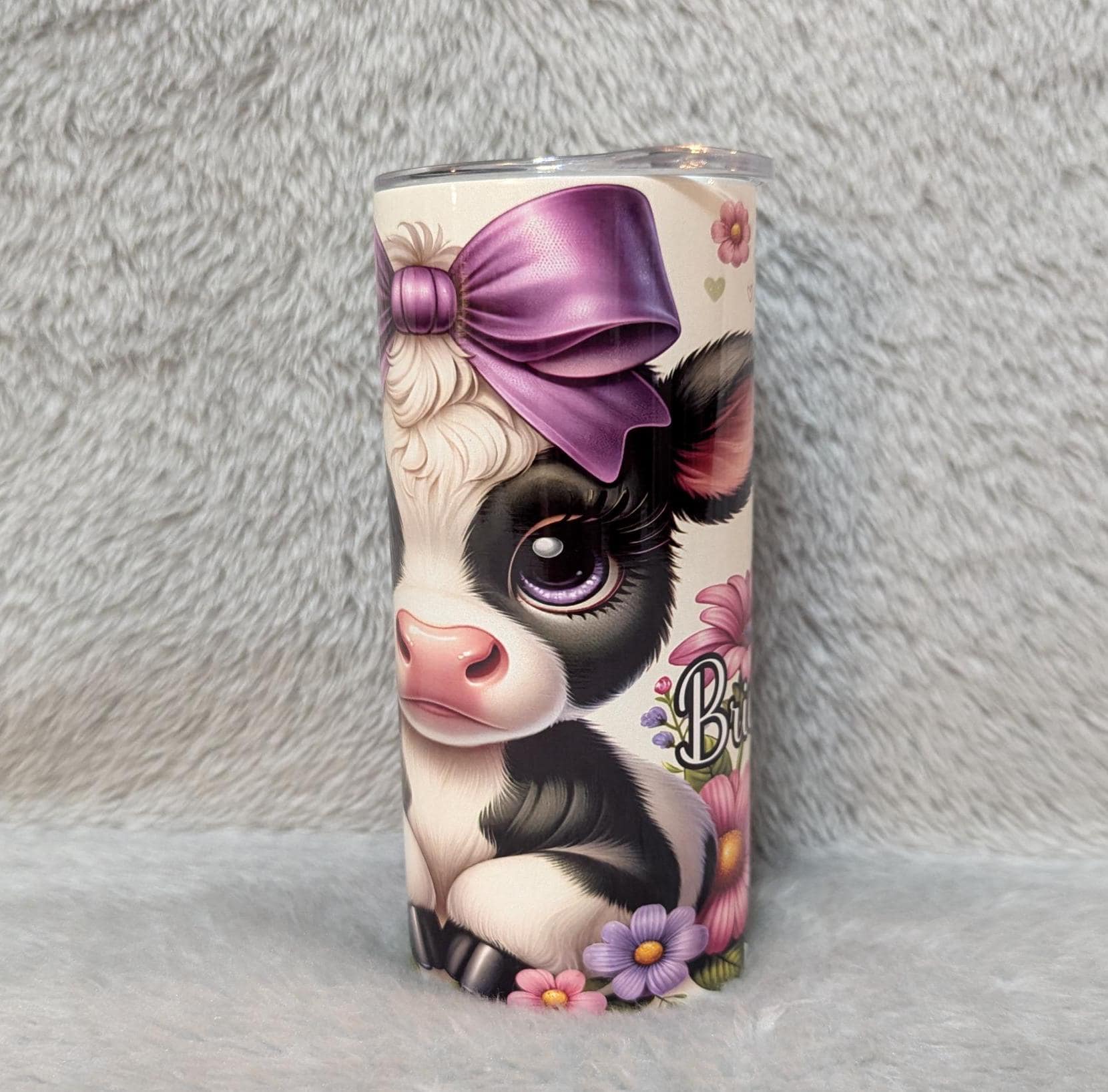 Kids Cow Tumbler with a Calf With Her Purple Bow and Flowers 15oz With Reusable Straw, Can Be Personalized
