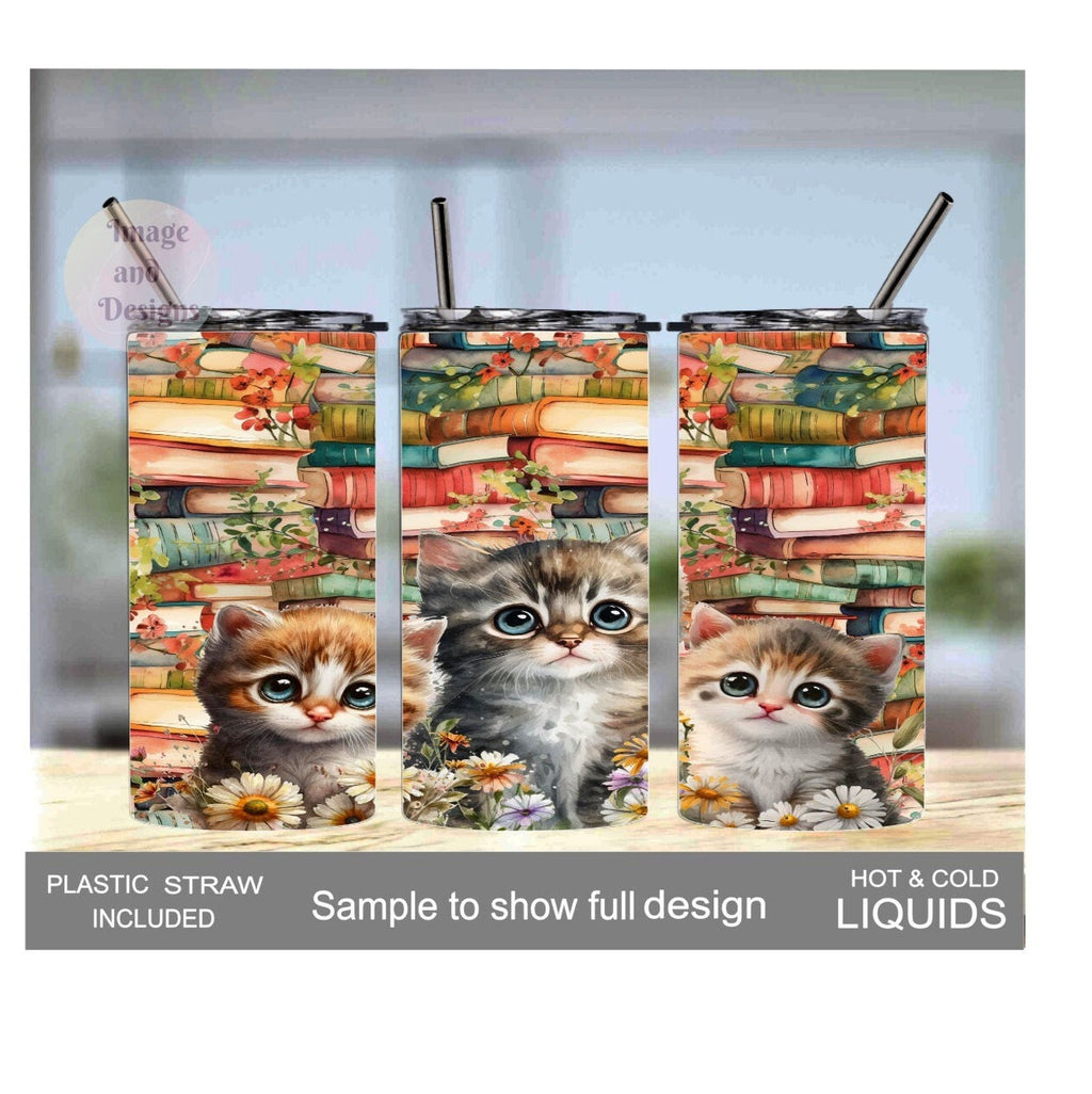 Kitten and Books Tumbler 15oz Tumber With Reusable Straw, Can Be Personalized