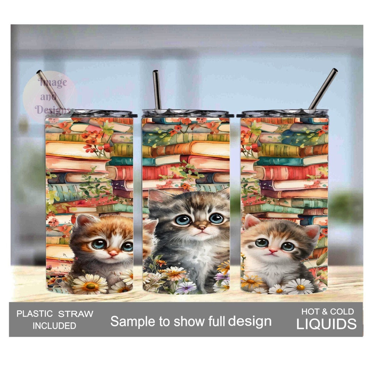 Kitten and Books Tumbler 15oz Tumber With Reusable Straw, Can Be Personalized