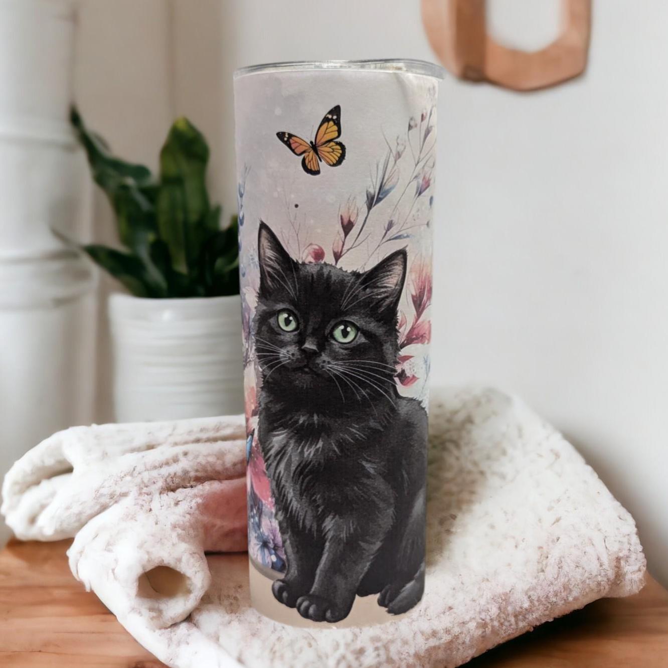 Black Cat Tumbler 20oz With Reusable Straw, Can Be Personalized