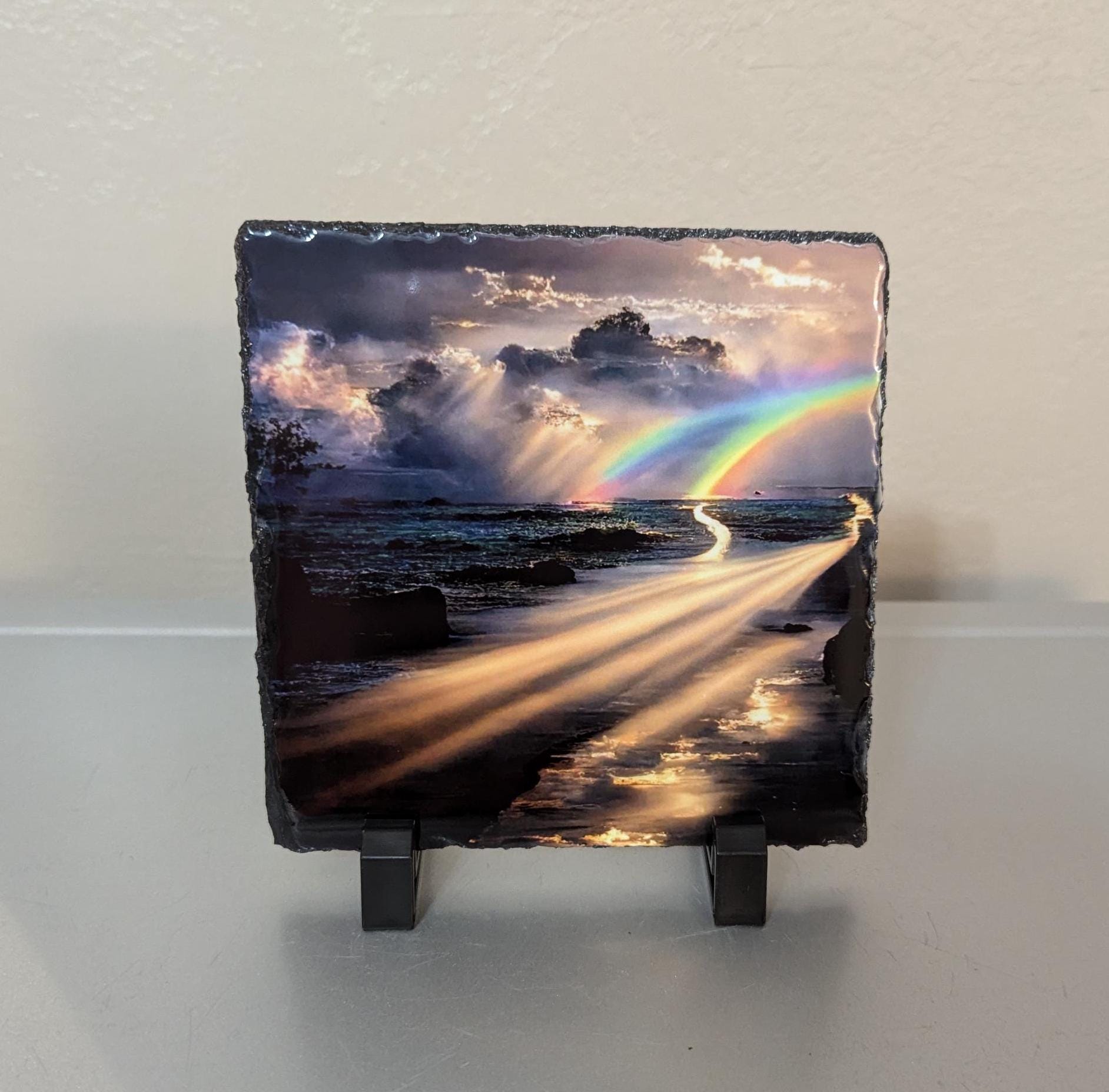 Rainbow Lake Scene Slate Picture With Display Legs