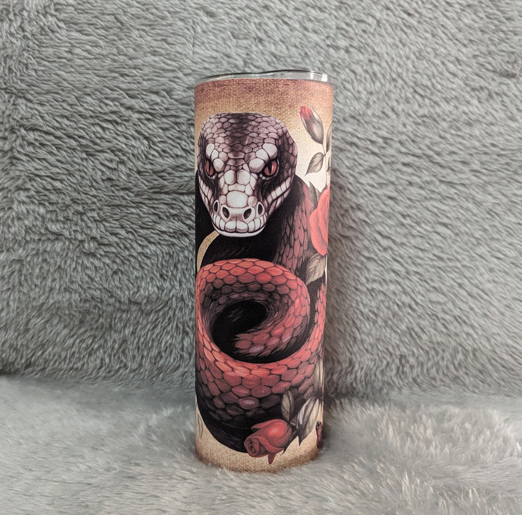 Snake Tumbler With Roses and Butterflies 20oz With Reusable Straw, Can Be Personalized