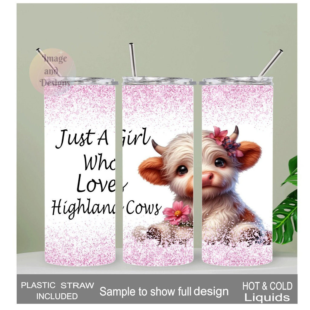 Just A Girl Who Loves Highland Cows Tumbler with A Glitter Design 20oz With Reusable Straw, Can Be Personalized