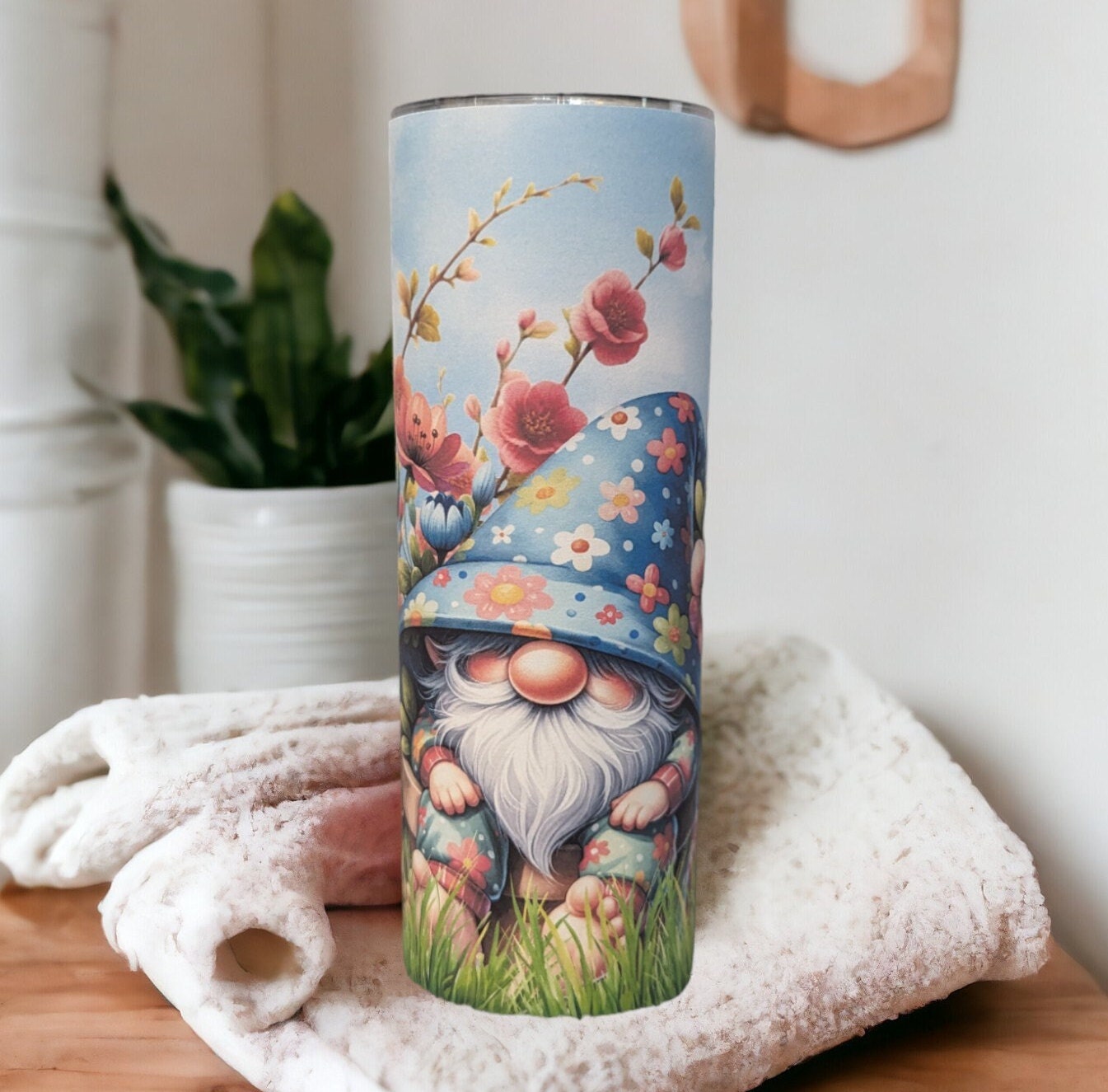 Gnome Tumbler With Pretty Flowers 20oz With Reusable Straw, Can Be Personalized