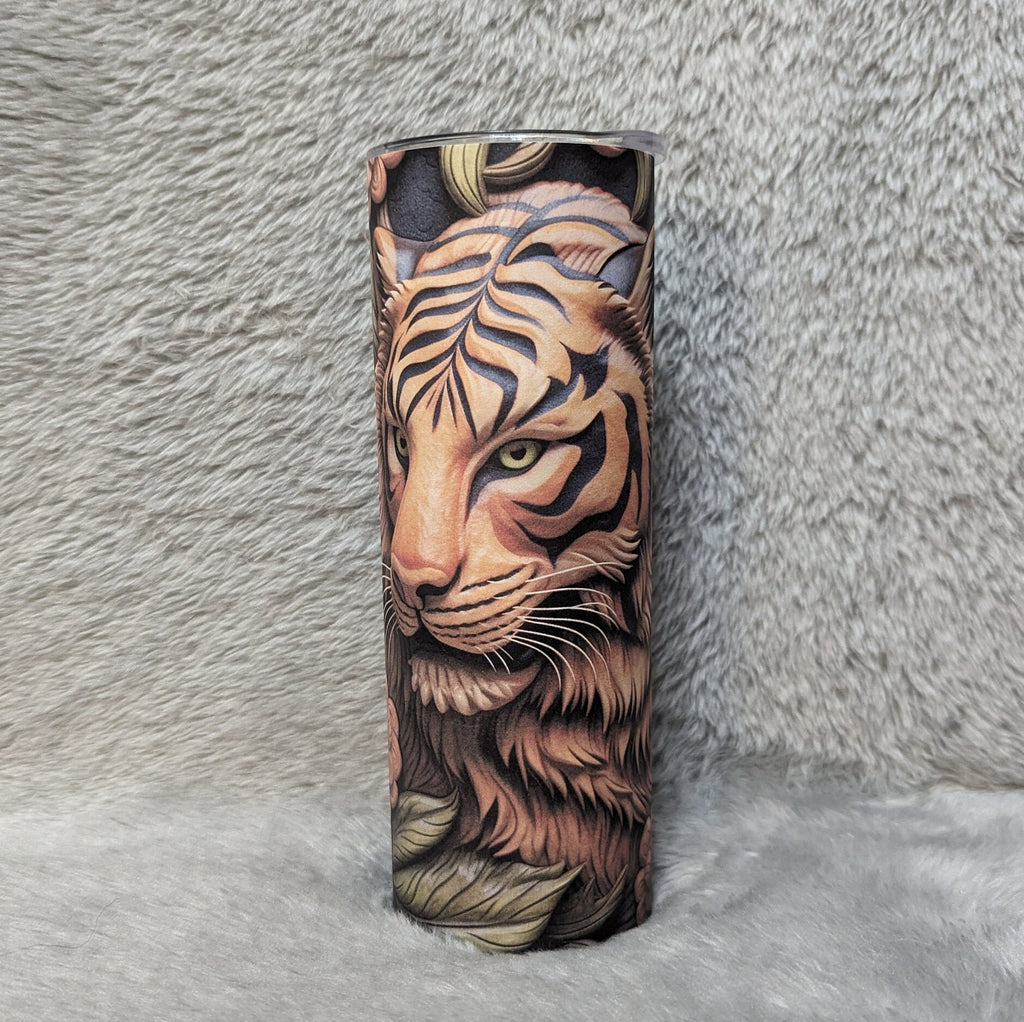 Tiger Tumbler With A Wood Carved Design  20oz With Reusable Straw, Can Be Personalized