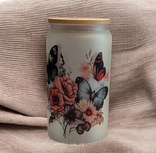 16oz Frosted Butterfly Glass With A Bamboo Lid and Reusable Straw