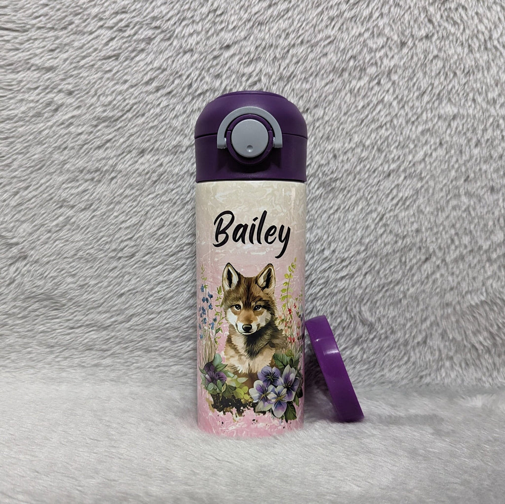 Kids Wolf Water Bottle 12oz With Reusable Straw Can Be Personalized