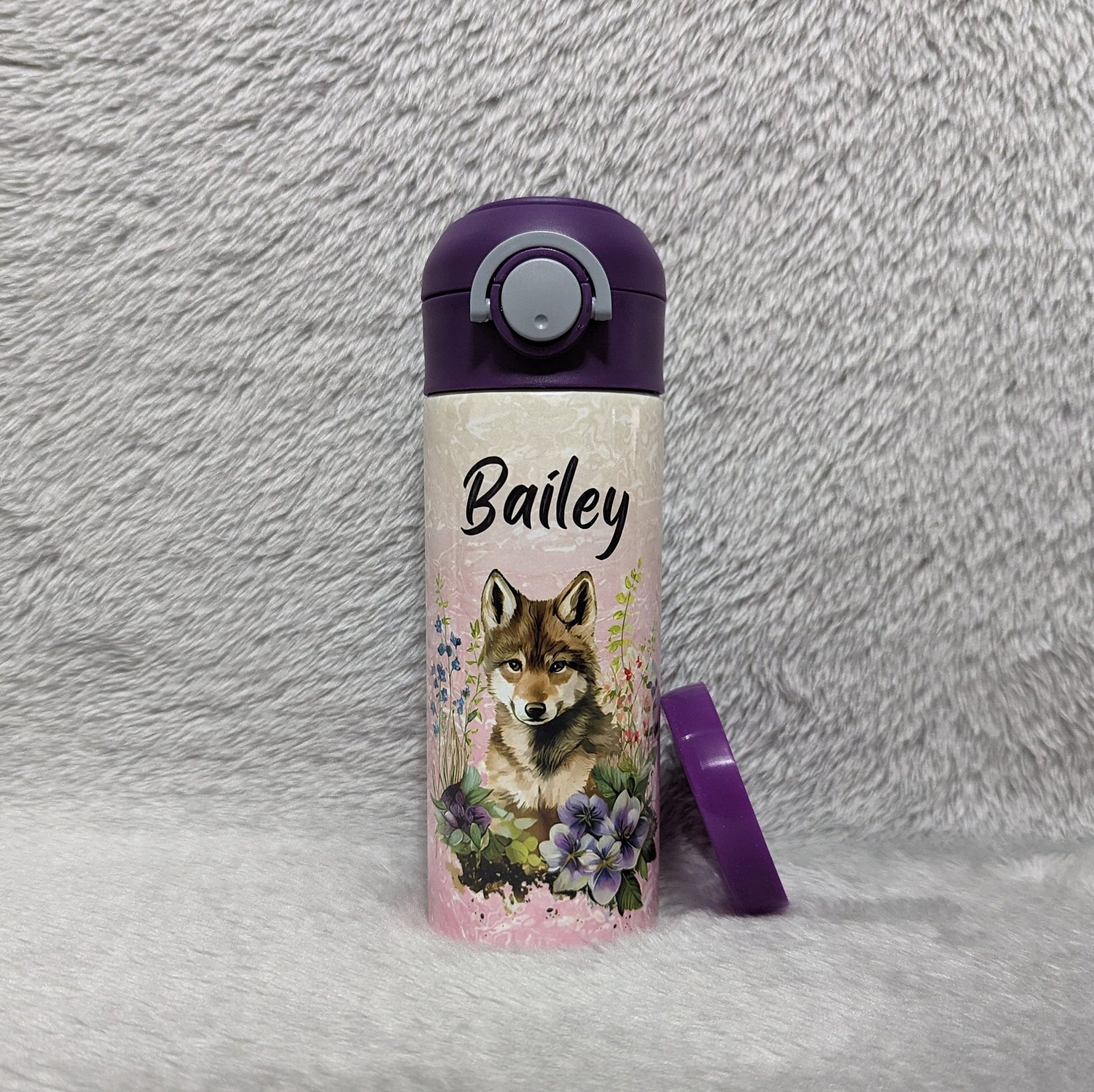 Kids Wolf Water Bottle 12oz With Reusable Straw Can Be Personalized