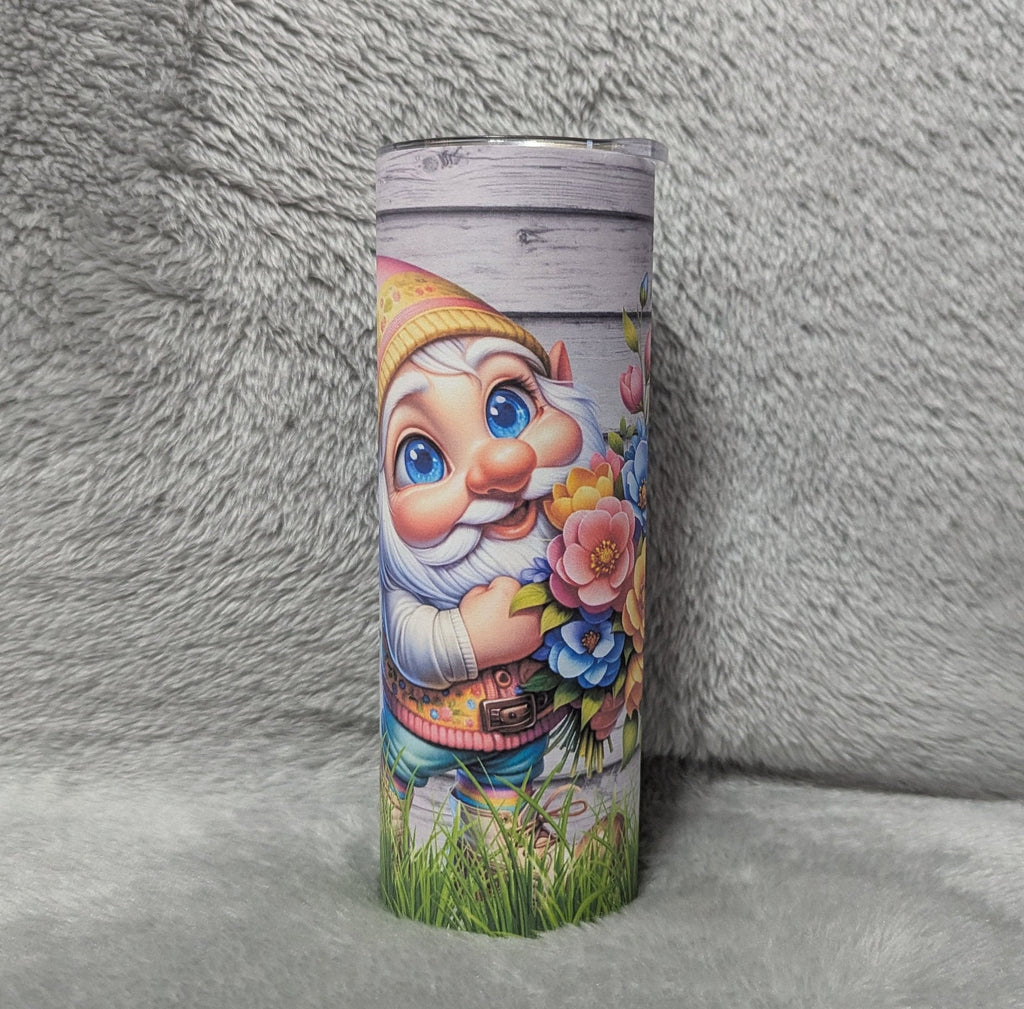 Gnome With Flowers Tumbler 20oz With Reusable Straw, Can Be Personalized