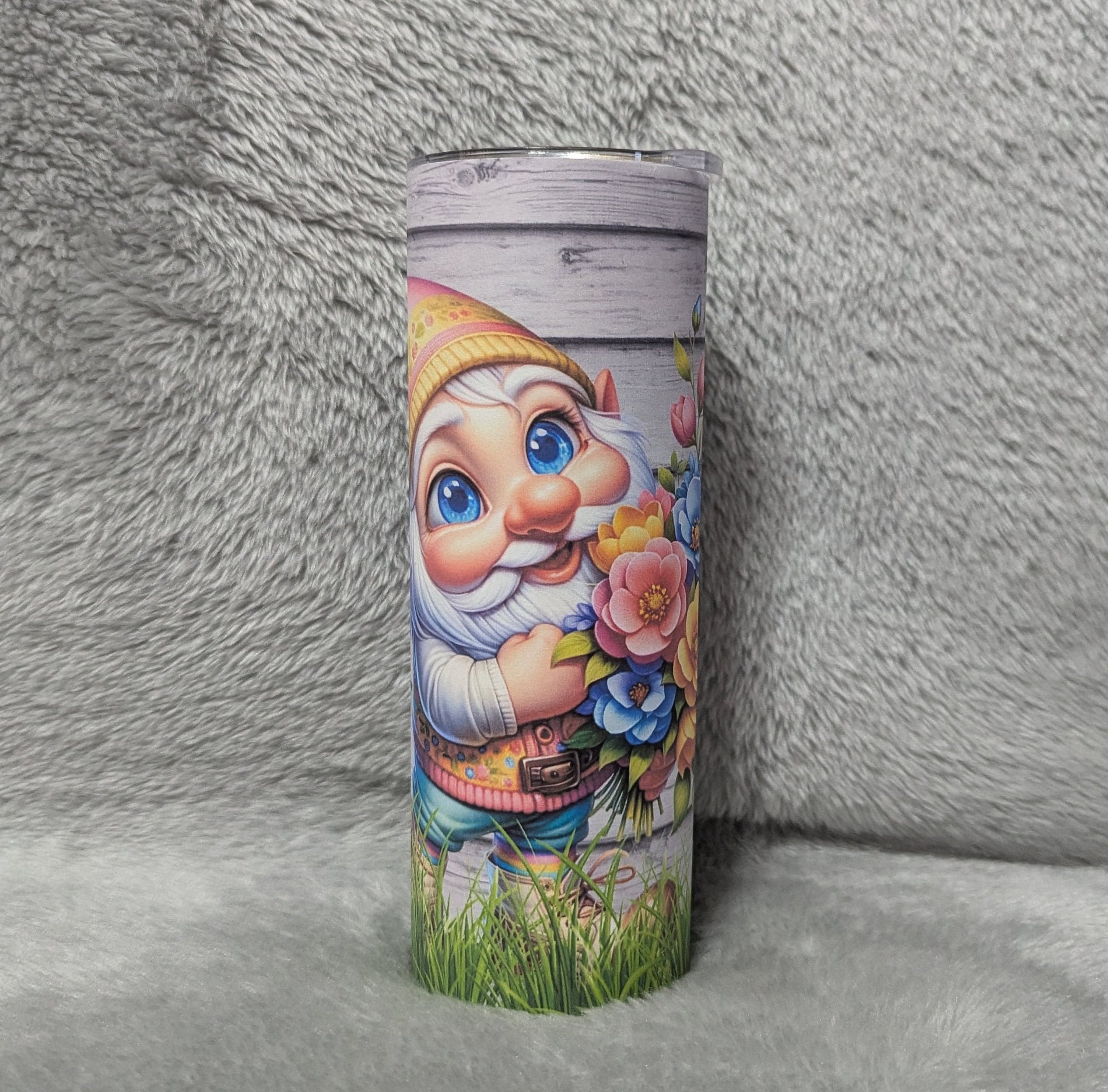 Gnome With Flowers Tumbler 20oz With Reusable Straw, Can Be Personalized