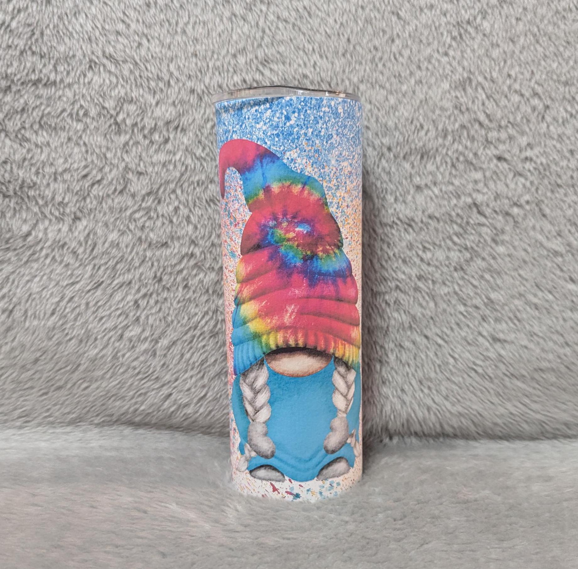 Colorful Tie Dye Gnome Tumbler 20oz With Reusable Straw, Can Be Personalized