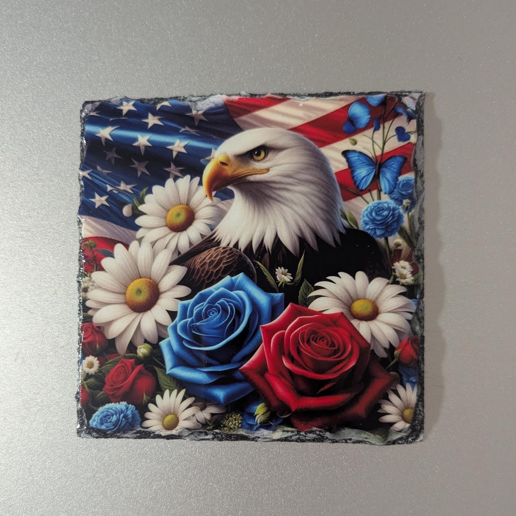 Eagle With Flowers and Flag Slate Picture With Display Legs