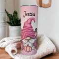 Pink Ribbon Gnome Tumbler with A Glitter Design 20oz With Reusable Straw, Can Be Personalized