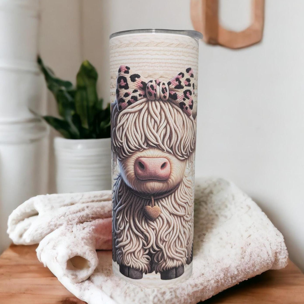Faux Yarn Design Highland Cow Tumbler 20oz With Reusable Straw, Can Be Personalized