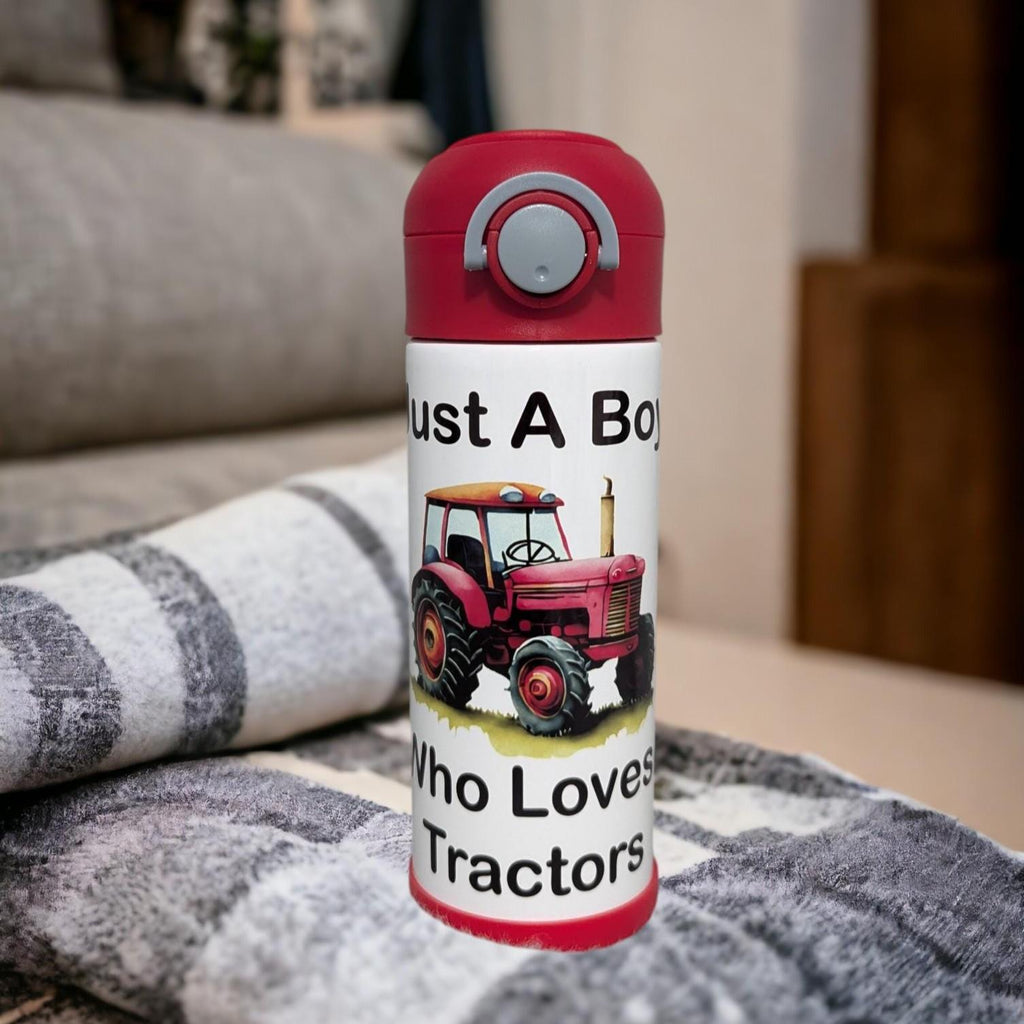 Kids Tractor Water Bottle - Just A Boy Who Loves Tractors 12oz Can Be Personalized
