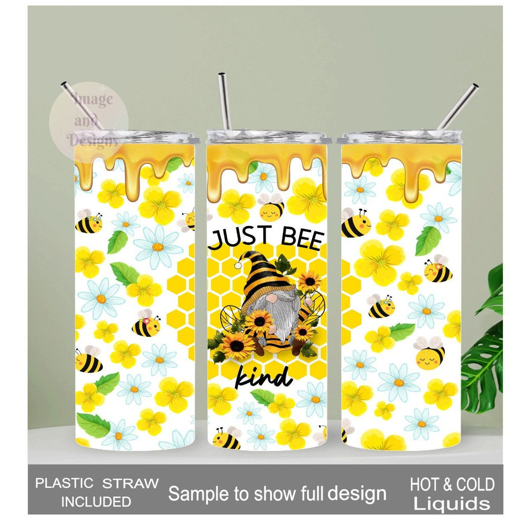 Just Bee Kind Honey Bee Gnome Tumbler 20oz With Reusable Straw, Can Be Personalized