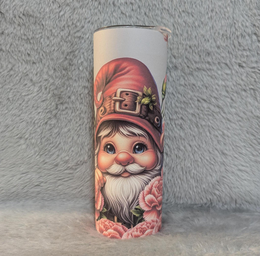 Gnome Tumbler With Pink Flowers 20oz With Reusable Straw, Can Be Personalized