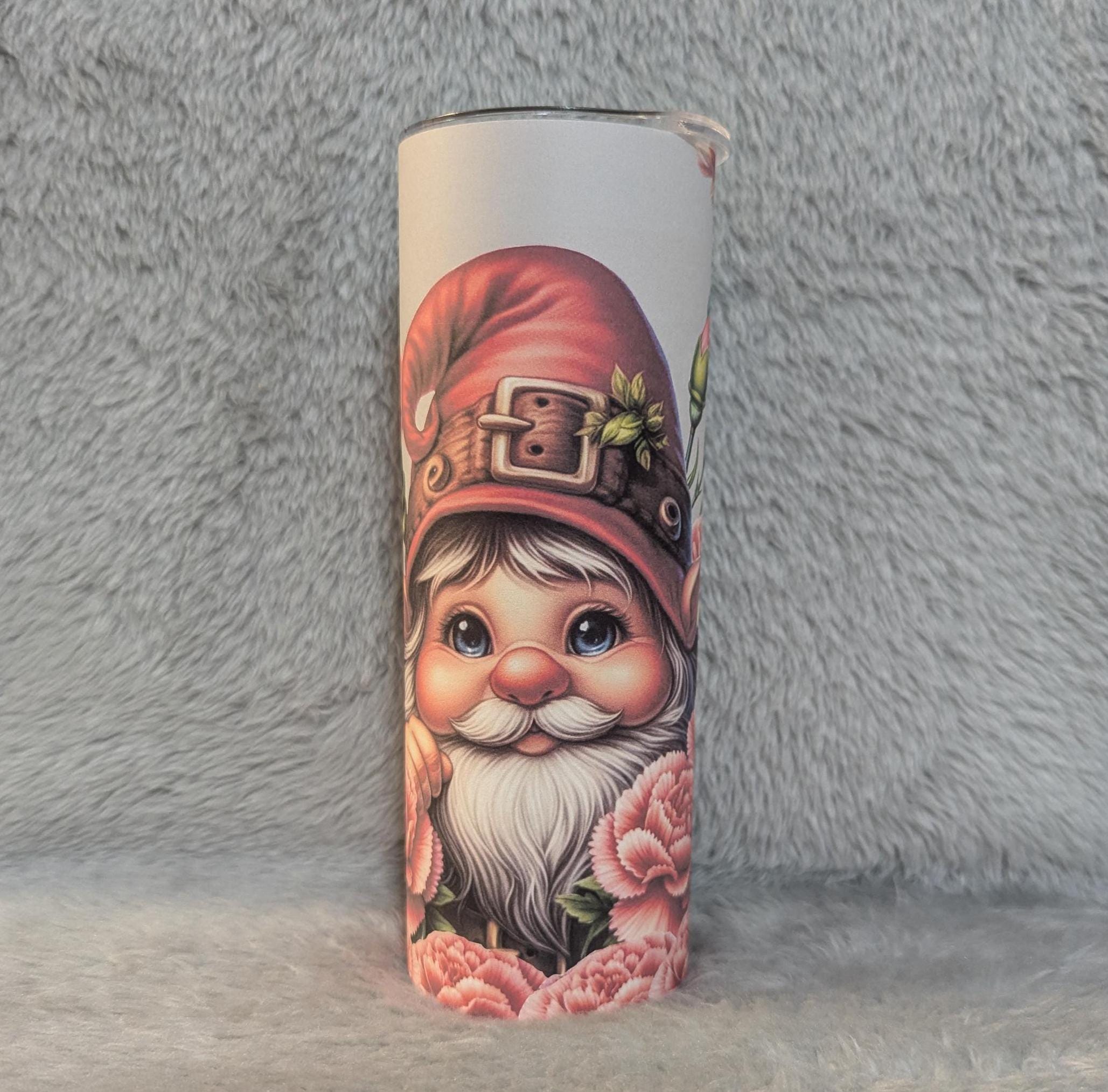 Gnome Tumbler With Pink Flowers 20oz With Reusable Straw, Can Be Personalized