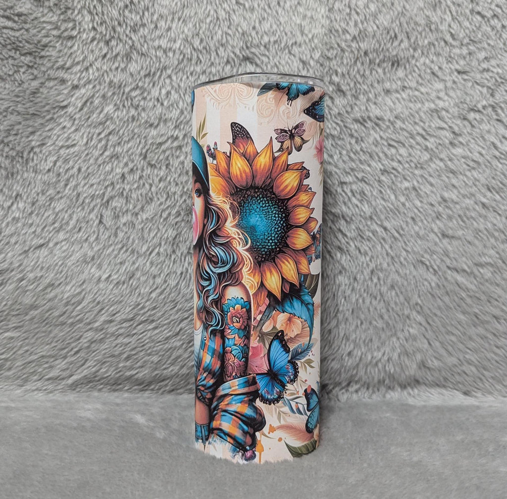 Bubble Gum Girl With Sunflowers 20oz With Reusable Straw, Can Be Personalized