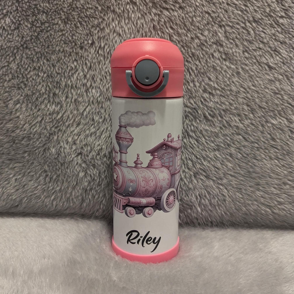 Kids Pink Train Water Bottle 12oz With Reusable Straw Can Be Personalized