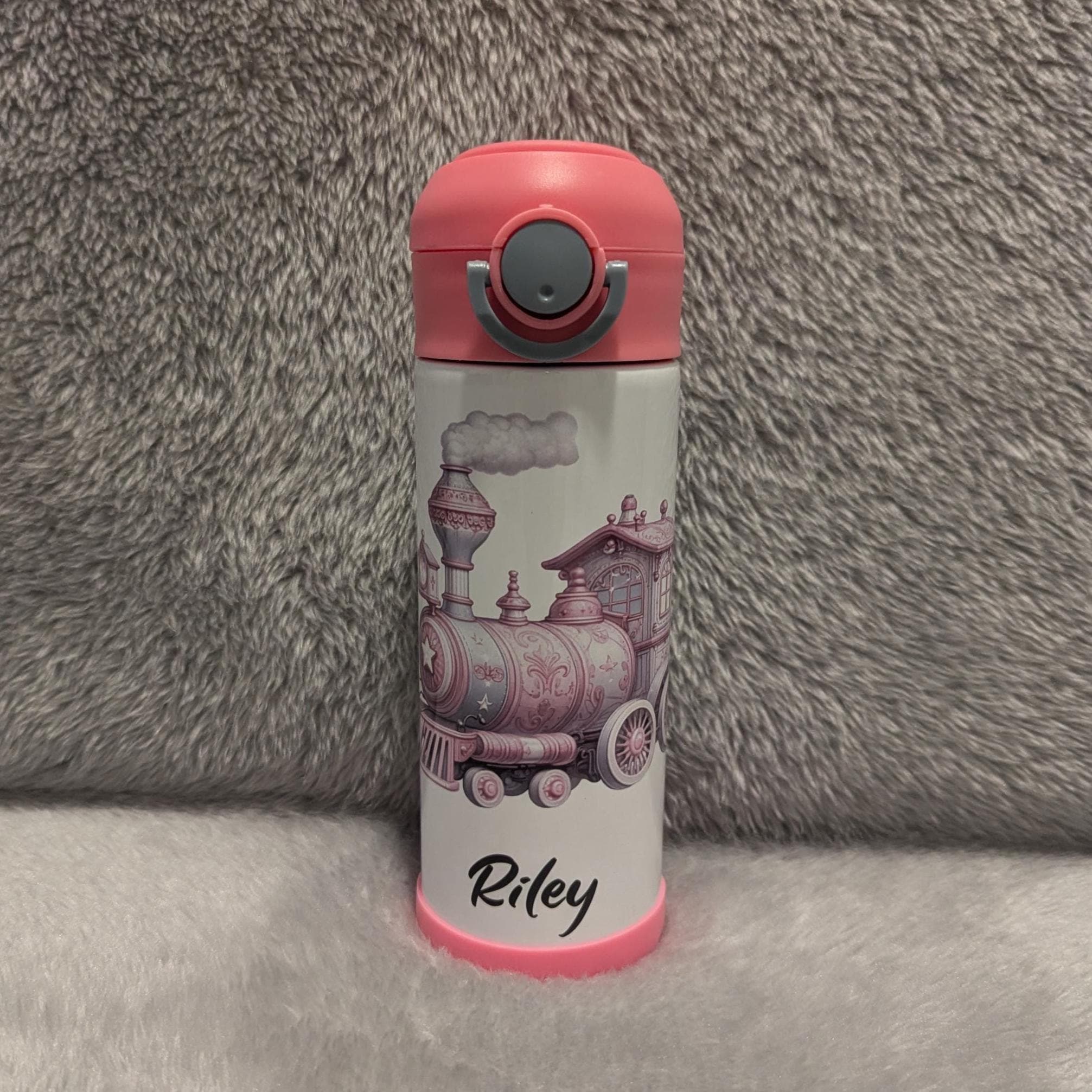 Kids Pink Train Water Bottle 12oz With Reusable Straw Can Be Personalized