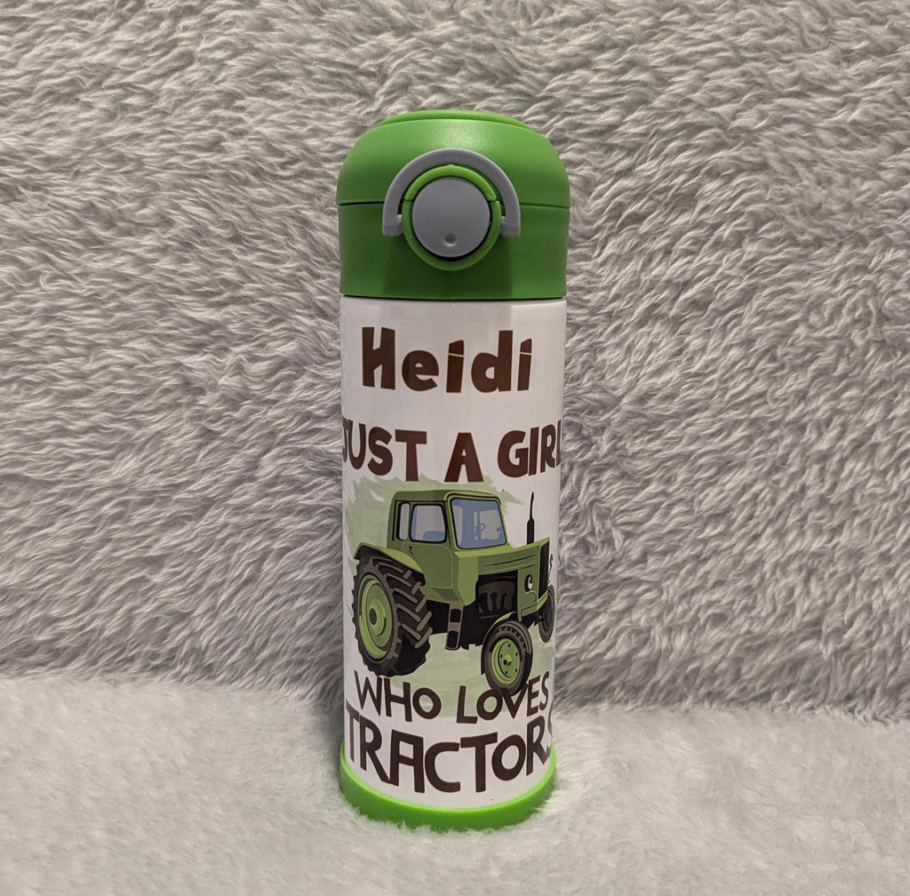 Kids Tractor Water Bottle Just A Girl Who Loves Tractors 12oz With Reusable Straw Can Be Personalized