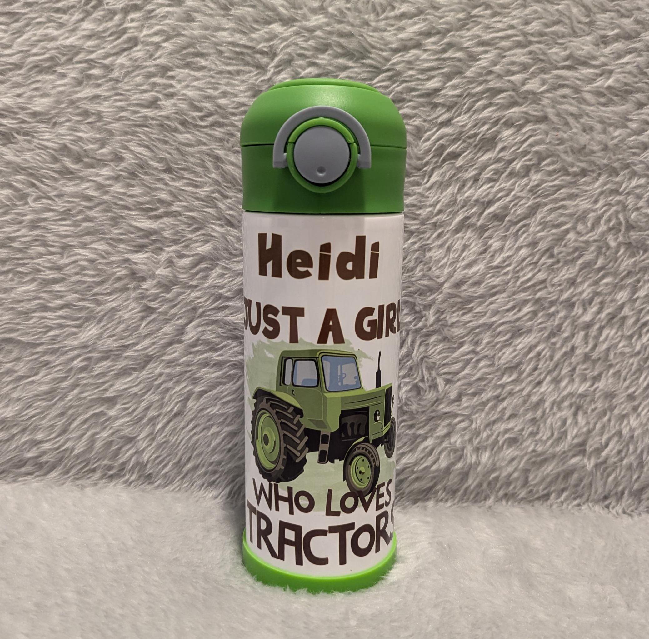 Kids Tractor Water Bottle Just A Girl Who Loves Tractors 12oz With Reusable Straw Can Be Personalized