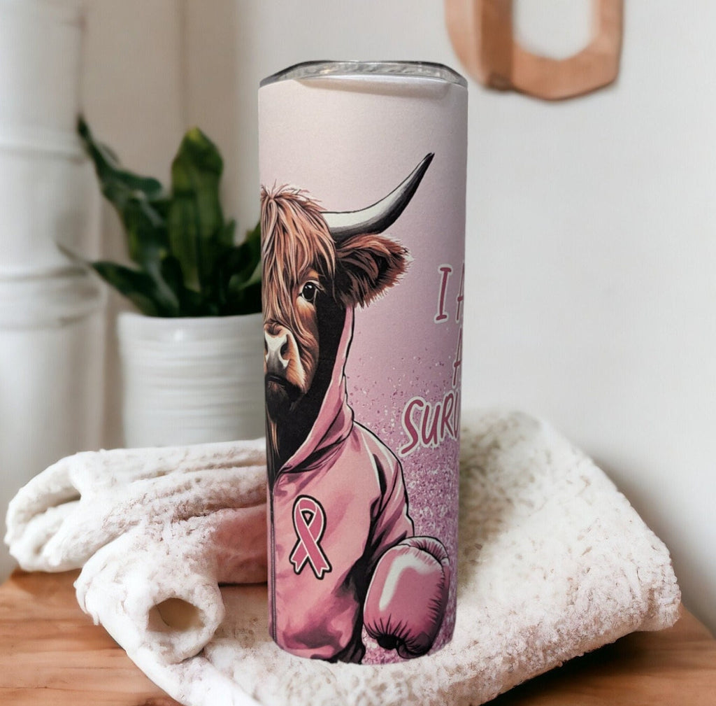 I Am A Survivor Highland Cow Tumbler 20oz With Reusable Straw, Can Be Personalized