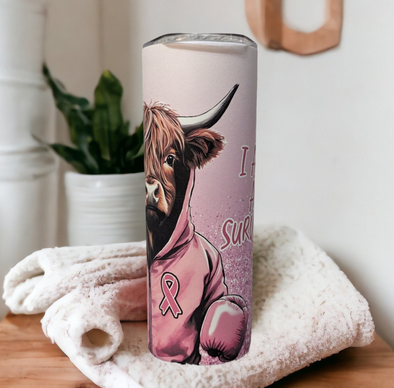 I Am A Survivor Highland Cow Tumbler 20oz With Reusable Straw, Can Be Personalized