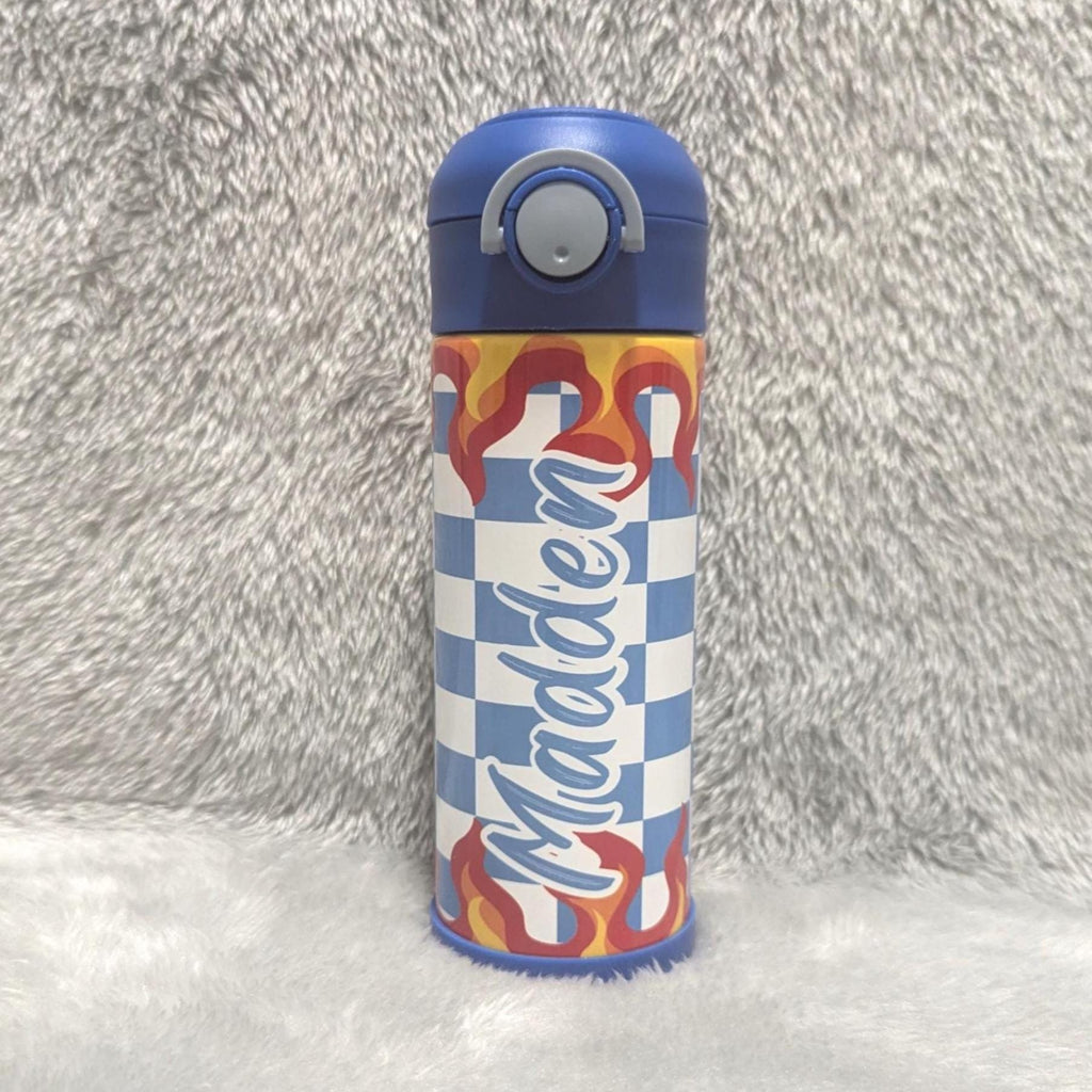 Kids Checkered Flames Water Bottle 12oz With Reusable Straw, Can Be Personalized