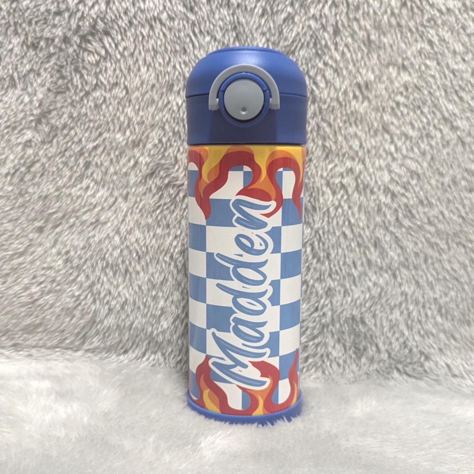 Kids Checkered Flames Water Bottle 12oz With Reusable Straw, Can Be Personalized