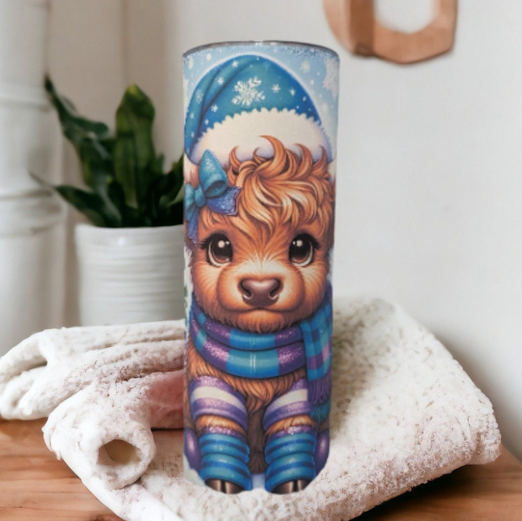 Highland Cow Christmas Tumbler 20oz With Reusable Straw, Can Be Personalized