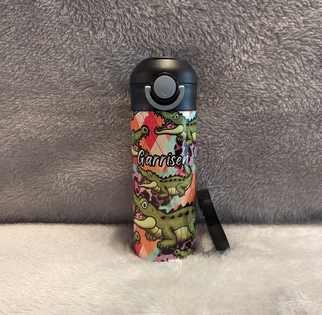 Kids Crocodile Water Bottle 12oz With Reusable Straw Can Be Personalized