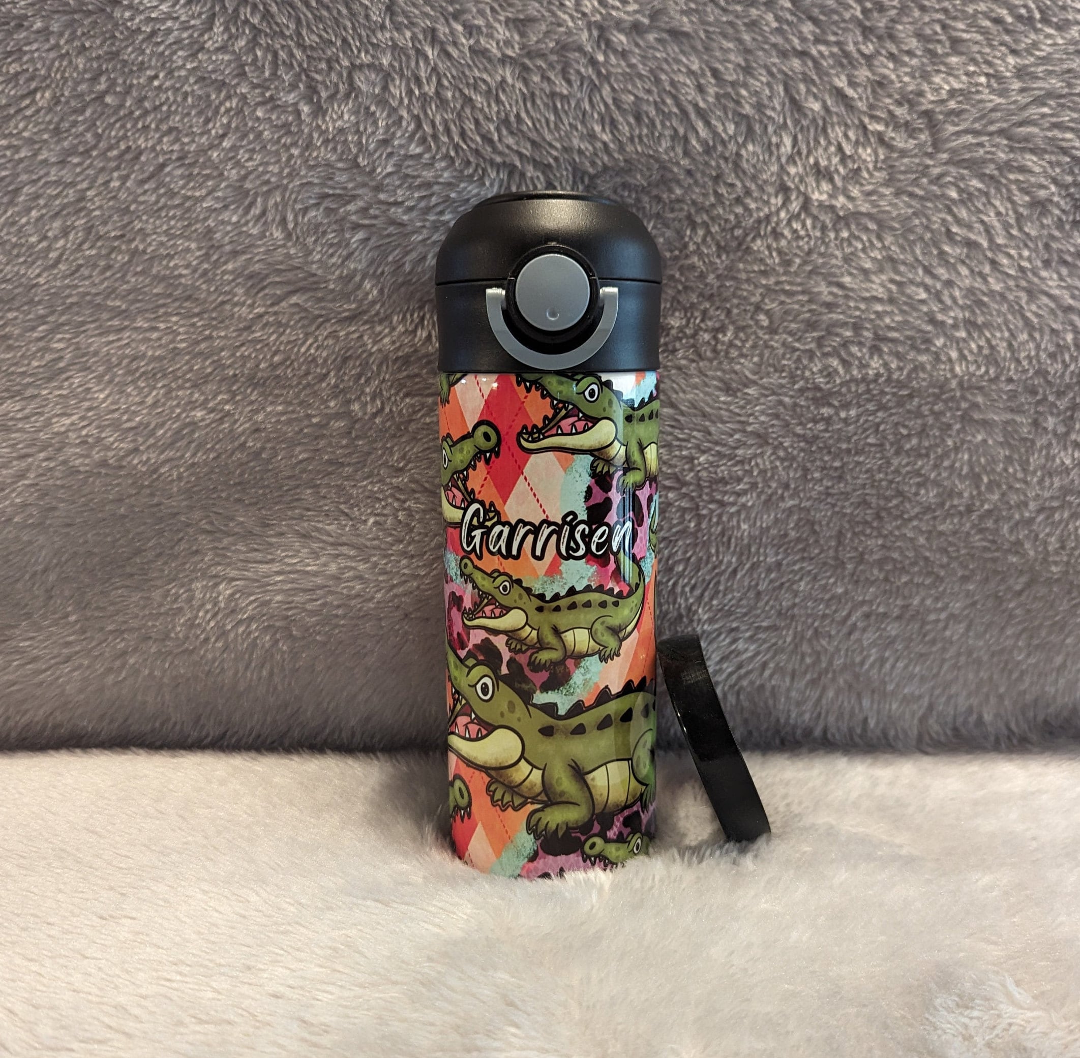 Kids Crocodile Water Bottle 12oz With Reusable Straw Can Be Personalized