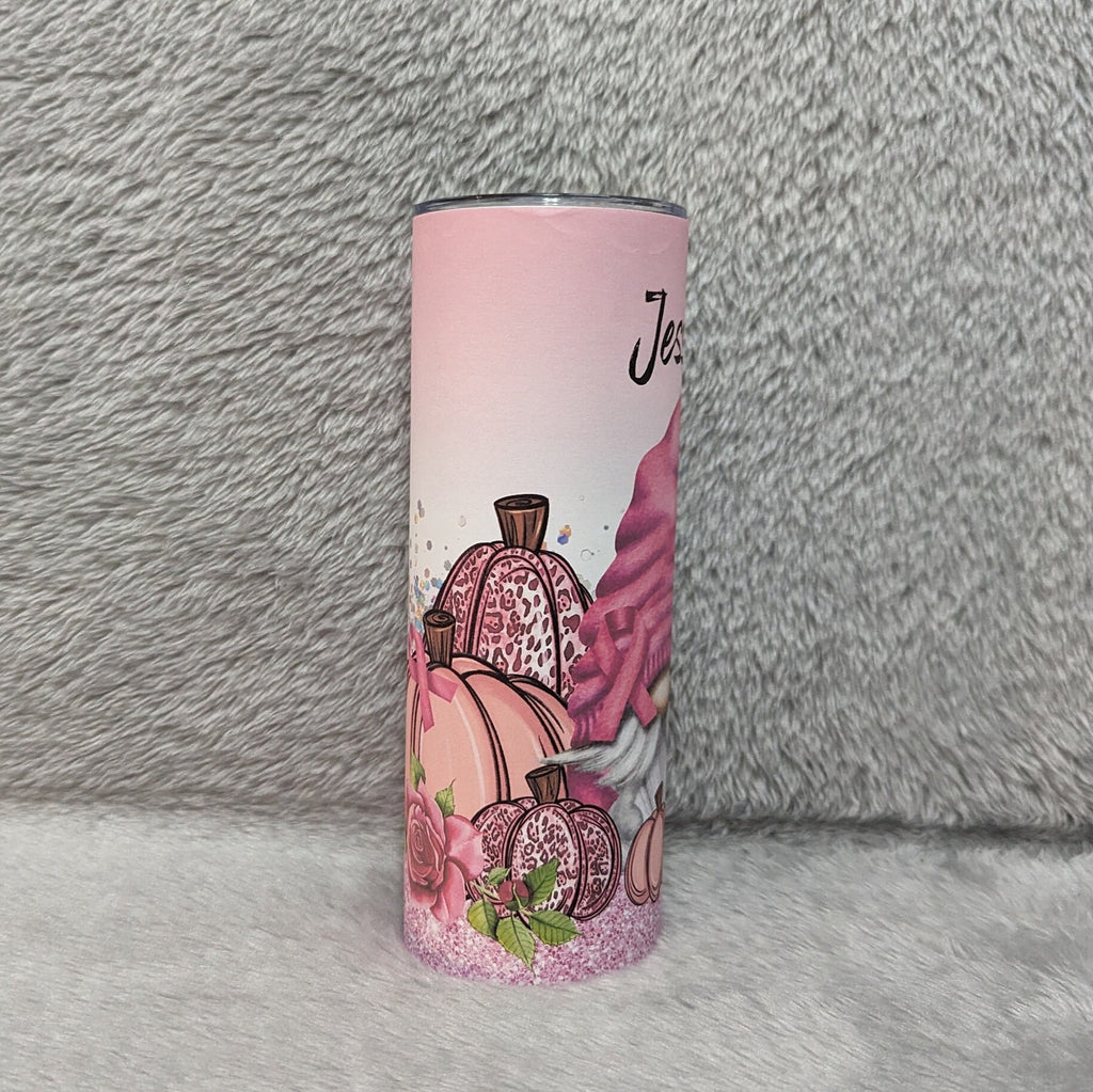Pink Ribbon Gnome Tumbler with A Glitter Design 20oz With Reusable Straw, Can Be Personalized