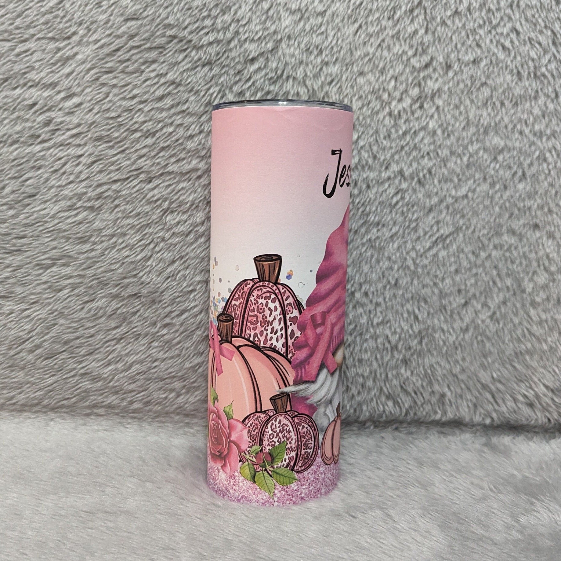Pink Ribbon Gnome Tumbler with A Glitter Design 20oz With Reusable Straw, Can Be Personalized